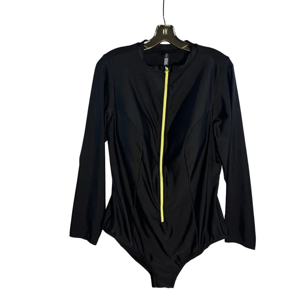 Long Sleeve Black One-Piece Swimsuit With Neon Yellow Zipper By Torrid Size 2 - Picture 2 of 9